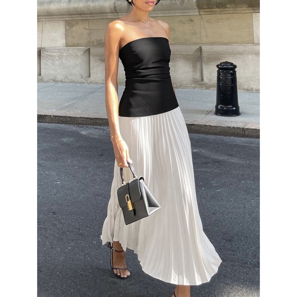 Commense Pleated Maxi Dress Strapless Color‎ Block Party Cocktail Women